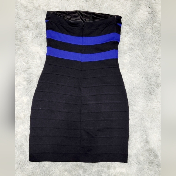 Black & Blue Striped Strapless Bodycon Bandage Dress, Small - Picture 3 of 6